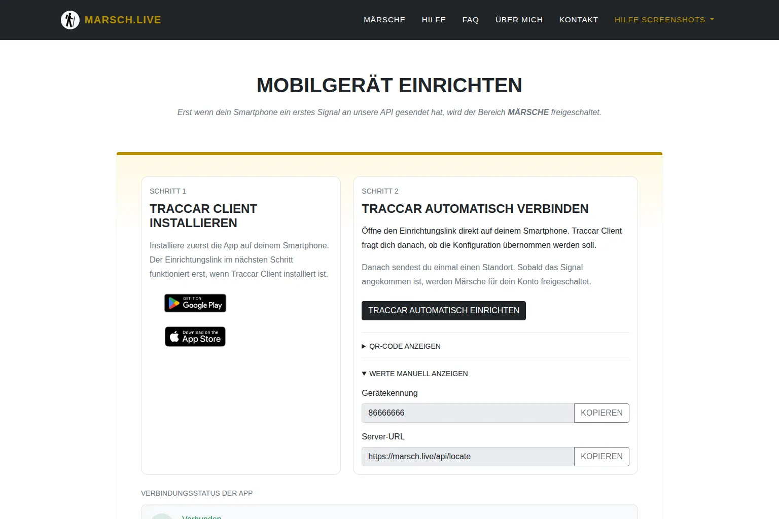 Ein Mobilgerät wird für das Live-Tracking eingerichtet